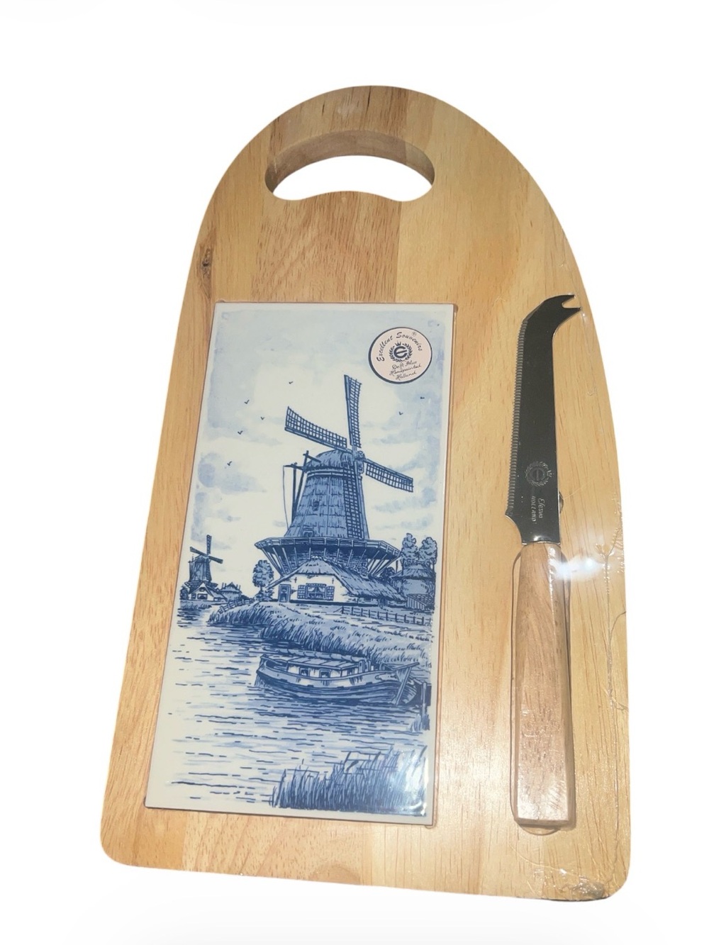 Vintage Delft Blue Windmill Tile Cheese Board Set with Magnetic Knife - NIB